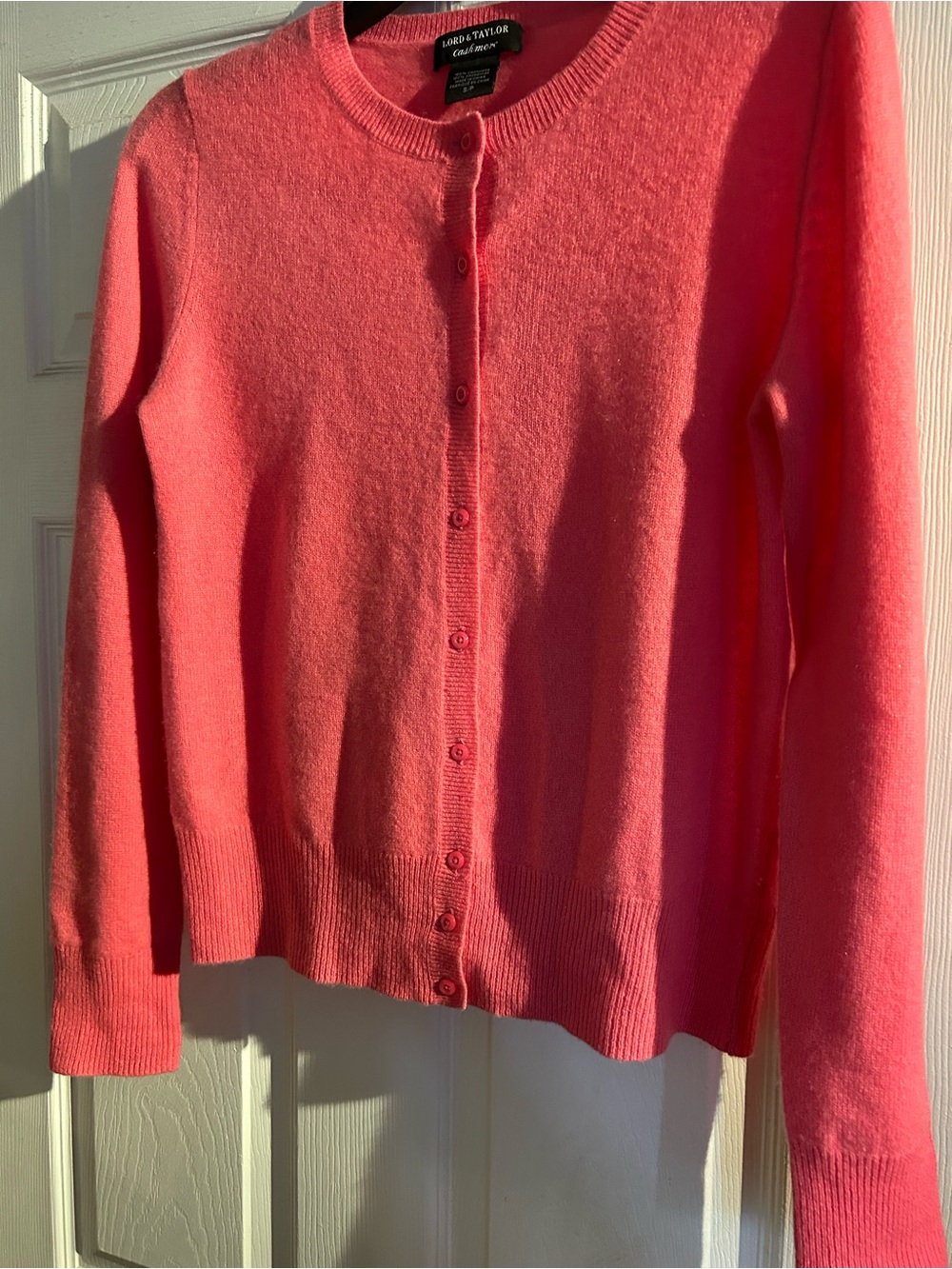 100% Cashmere Lord & Taylor Coral Pink Crewneck Button Cardigan